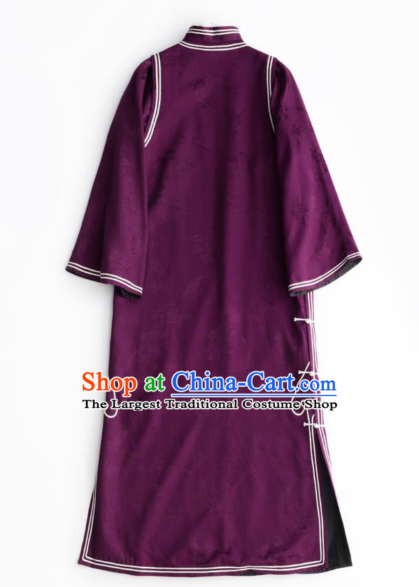 China Traditional Purple Satin Cheongsam National Women Clothing Classical Retro Qipao Dress