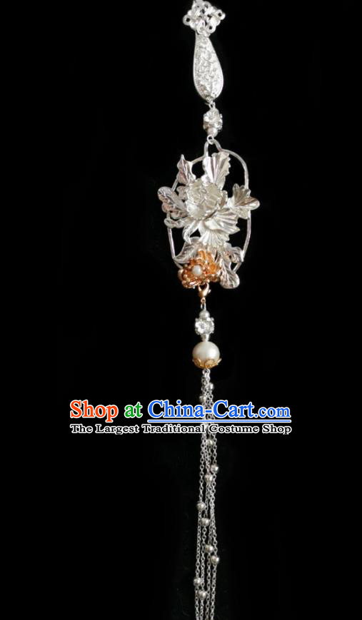 China Classical Tassel Pendant Cheongsam Accessories Traditional Argent Peony Brooch