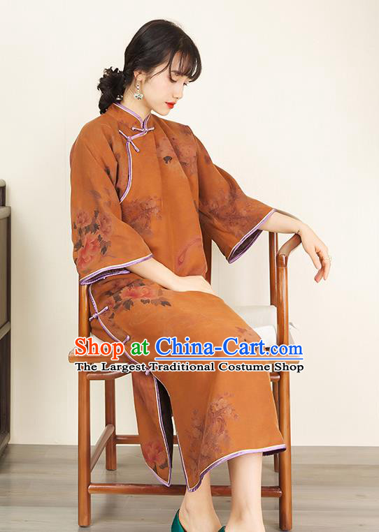 China Women Clothing Traditional Classical Ginger Silk Cheongsam Retro Qipao Dress