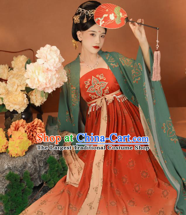 Traditional China Tang Dynasty Imperial Concubine Green Cape and Dress Ancient Court Women Hanfu Clothing