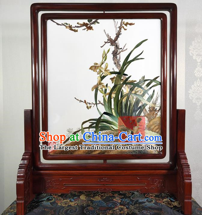 Chinese Traditional Desk Decoration Handmade Suzhou Embroidery Orchids Painting Rotating Screen Embroidered Craft