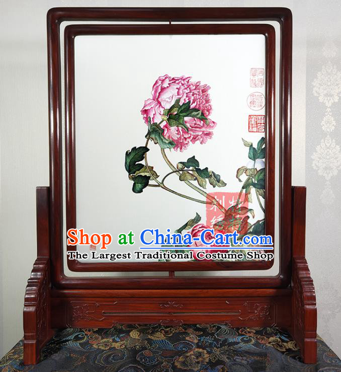 Chinese Suzhou Embroidery Peony Flowers Painting Rotating Screen Traditional Embroidered Craft Handmade Table Decoration