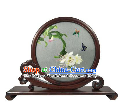 Chinese Suzhou Embroidery Craft Embroidered Epiphyllum Painting Table Screen Rosewood Decoration