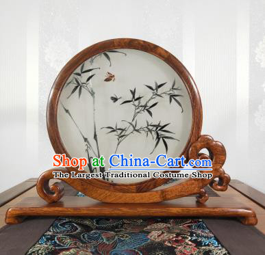Chinese Suzhou Embroidery Craft Embroidered Bamboo Painting Decoration Handmade Palisander Table Screen