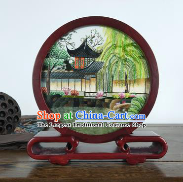 China Embroidered Waterside Pavilion Table Screen Handmade Rosewood Home Decoration Traditional Wood Carving Craft