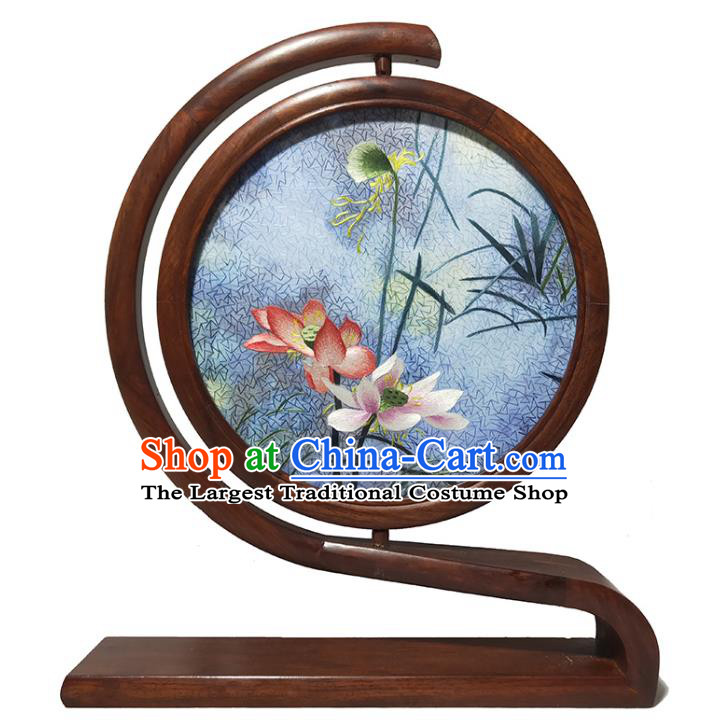 Handmade Embroidered Lotus Table Screen China Traditional Rosewood Home Decoration