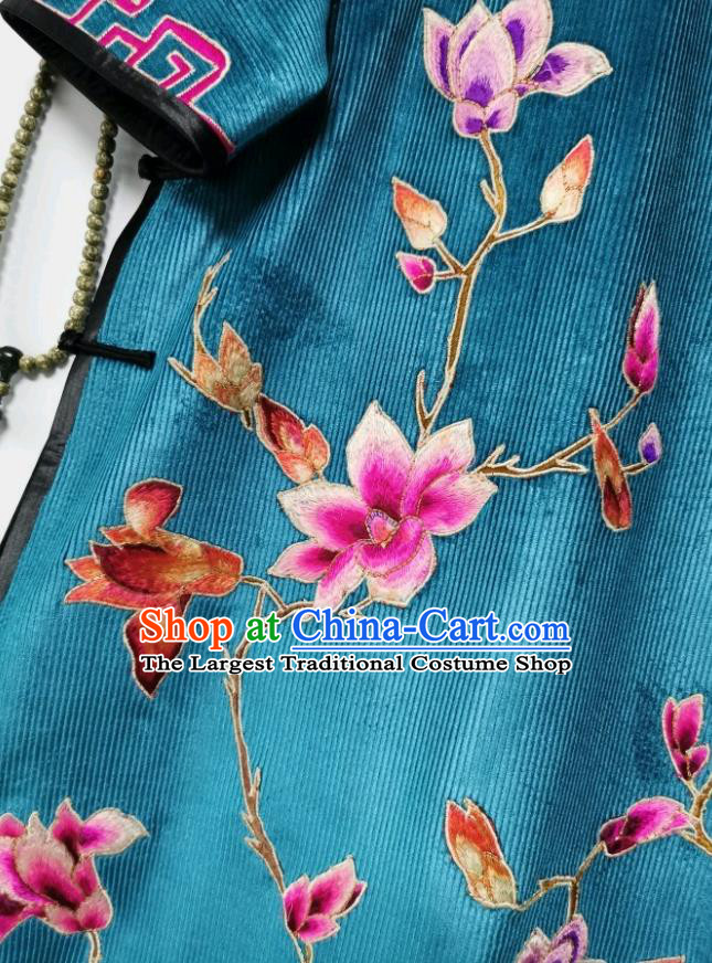 Chinese Embroidered Cheongsam Traditional Embroidery Mangnolia Blue Corduroy Qipao Dress National Clothing