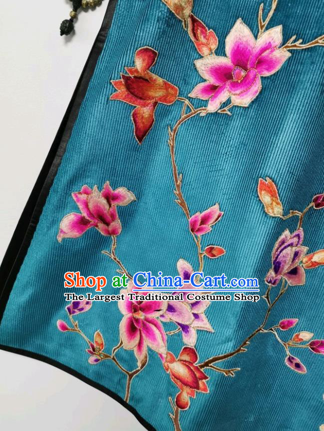 Chinese Embroidered Cheongsam Traditional Embroidery Mangnolia Blue Corduroy Qipao Dress National Clothing