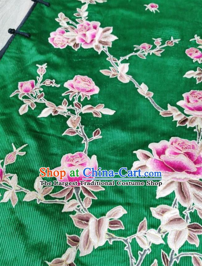Chinese National Clothing Embroidered Rose Cheongsam Traditional Embroidery Deep Green Corduroy Qipao Dress