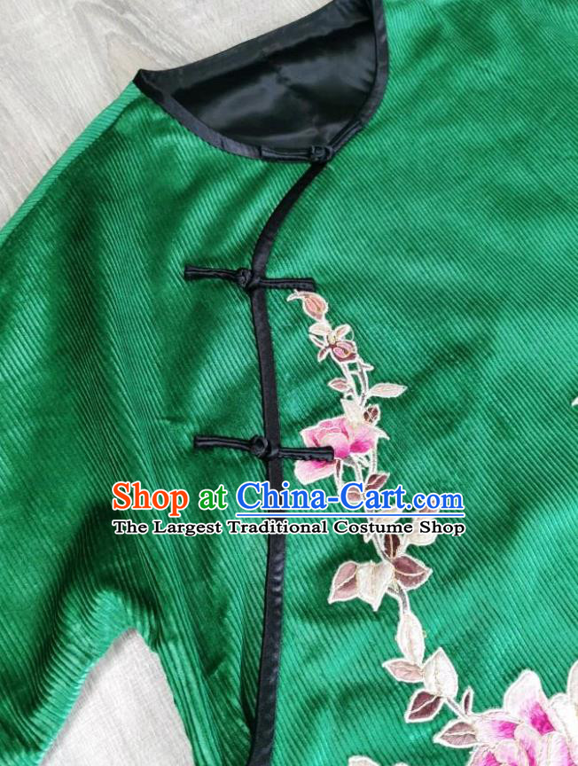 Chinese National Clothing Embroidered Rose Cheongsam Traditional Embroidery Deep Green Corduroy Qipao Dress
