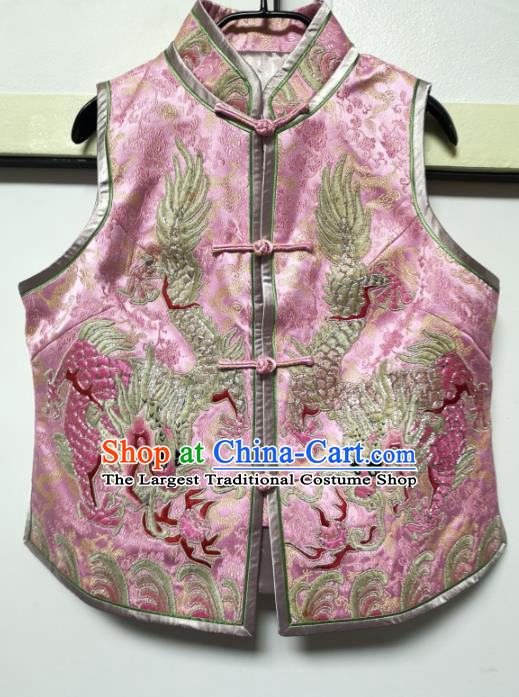China National Embroidered Dragon Pink Silk Vest Traditional Tang Suit Upper Outer Garment Women Waistcoat