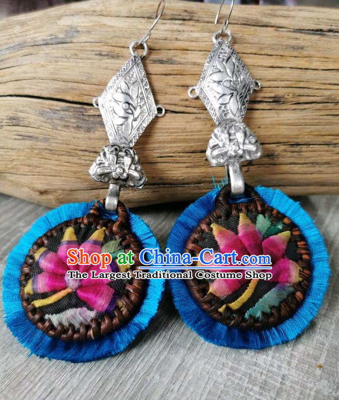 Handmade China Miao Ethnic Silver Earrings Traditional National Embroidered Lotus Royalblue Ear Accessories