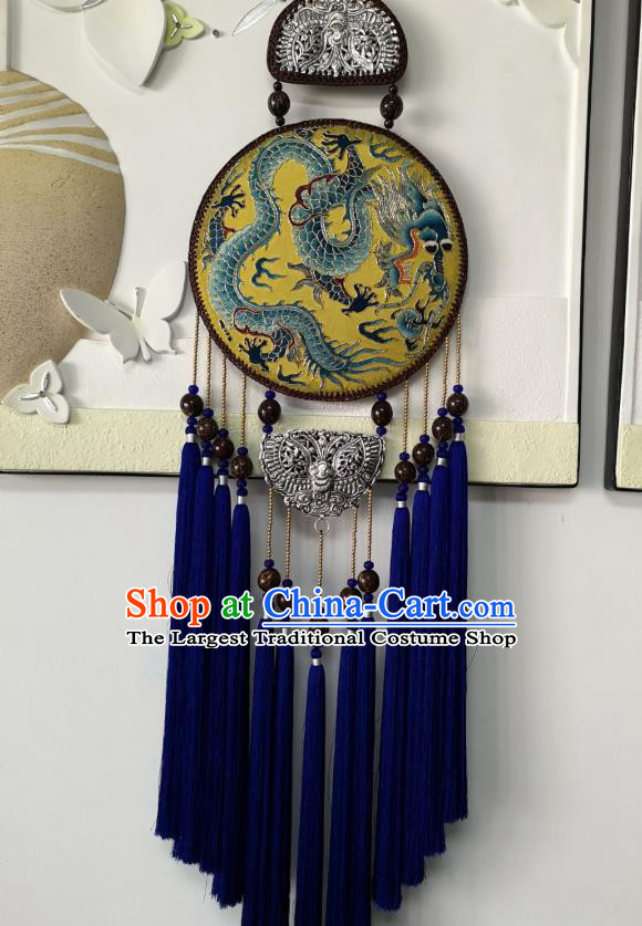 Handmade China National Royalblue Tassel Rattan Accessories Traditional Embroidered Dragon Pendant