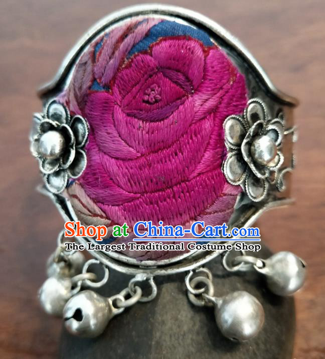 China Handmade Embroidered Rose Bangle Miao Ethnic Bracelet Traditional National Silver Bell Tassel Accessories