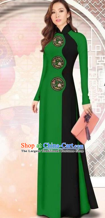 Asian Vietnam Printing Green Cheongsam Dress and Pants Traditional Vietnamese Costumes Classical Ao Dai Qipao for Women