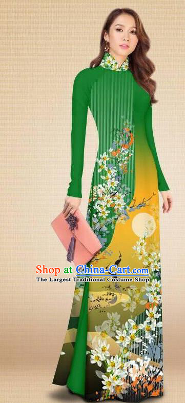 Asian Vietnam Classical Printing Crane Flowers Green Cheongsam Traditional Vietnamese Costumes Women Ao Dai Qipao Dress and Pants