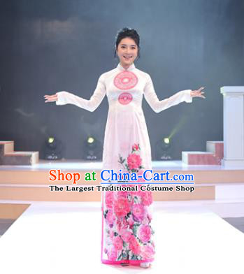 Asian Vietnam Printing Rose Flowers Cheongsam Costumes Traditional Vietnamese Classical White Ao Dai Qipao Dress and Loose Pants