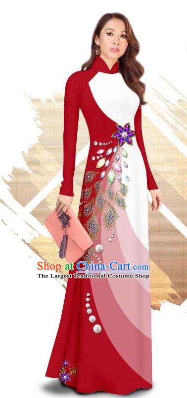 Traditional Vietnamese Classical Red Ao Dai Qipao Dress and Loose Pants Asian Vietnam Women Cheongsam Costumes