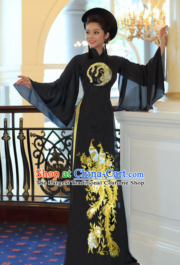 Traditional Vietnamese Phoenix Pattern Black Ao Dai Qipao Dress and Pants Asian Vietnam Cheongsam Classical Court Costumes