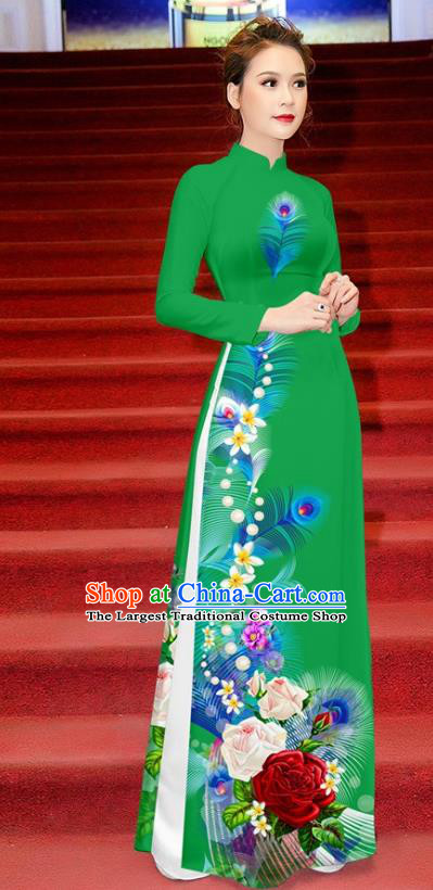 Traditional Vietnamese Printing Roses Deep Green Ao Dai Qipao Dress and Pants Asian Vietnam Classical Cheongsam Costumes