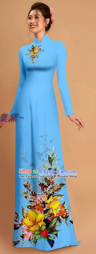 Traditional Vietnamese Bride Blue Ao Dai Qipao Dress and Pants Asian Vietnam Classical Printing Flowers Cheongsam Costumes