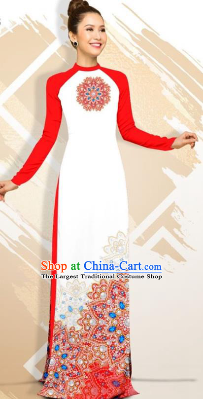 Asian Vietnam Classical Court Female Cheongsam Costumes Traditional Vietnamese Red Ao Dai Qipao Dress and Loose Pants