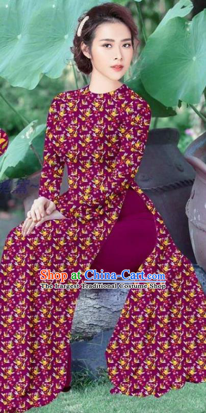 Purple Vietnamese Traditional Ao Dai Dress Asian Vietnam Costume Custom Cheongsam Uniforms Women Qipao and Pants