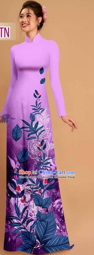 Asian Vietnam Printing Lilac Qipao with Pants Ao Dai Dress Vietnamese Custom Uniforms Traditional Costume