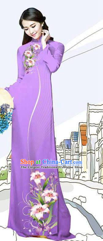 Asian Vietnam Cheongsam Traditional Bride Lilac Long Dress with Pants Custom Printing Lily Flowers Ao Dai Costume Vietnamese Uniforms