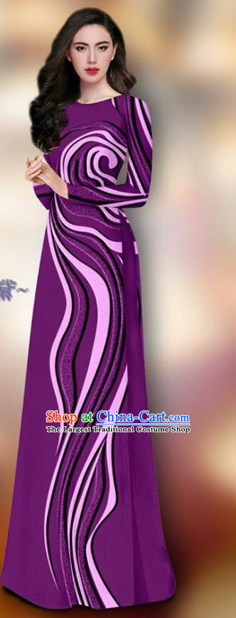 Vietnam Female Purple Dress Custom Uniforms Vietnamese Cheongsam and Pants Traditional Asian Ao Dai Clothing