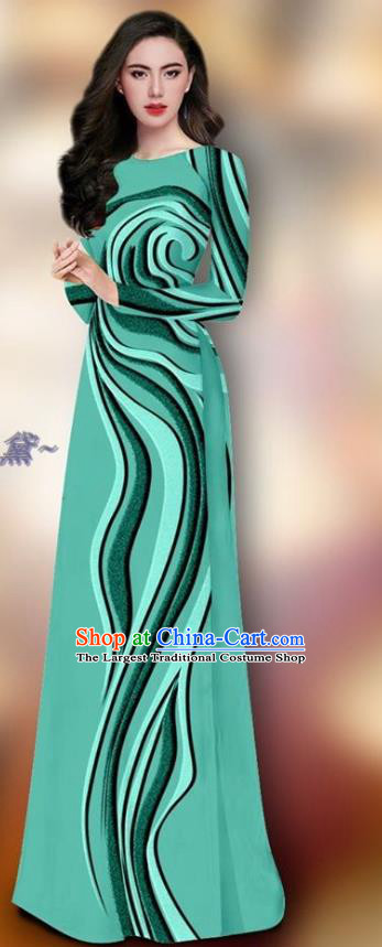 Traditional Vietnam Female Dress Asian Ao Dai Clothing Vietnamese Green Cheongsam and Pants Custom Uniforms