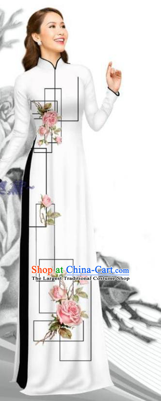 Asian Vietnamese Ao Dai Clothing Traditional Bride Costume Vietnam Women Printing Rose White Dress with Pants Uniforms
