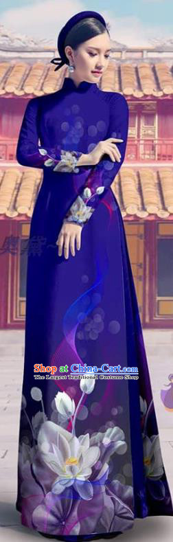 Custom Asian Vietnamese Clothing Printing Dress with Pants Traditional Vietnam Bride Costume Fashion Royalblue Ao Dai Dress