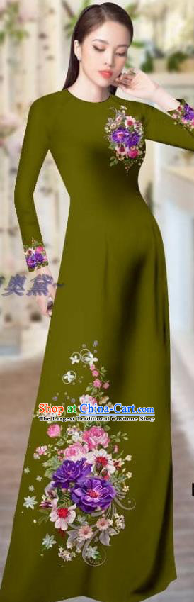Asian Vietnamese Printing Olive Green Cheongsam with Pants Vietnam Ao Dai Dress Costume Traditional Custom Uniforms