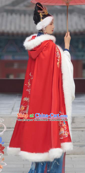 Chinese Ming Dynasty Infanta Cloak Historical Costumes Traditional Hanfu Apparels Ancient Princess Embroidered Red Cape for Women