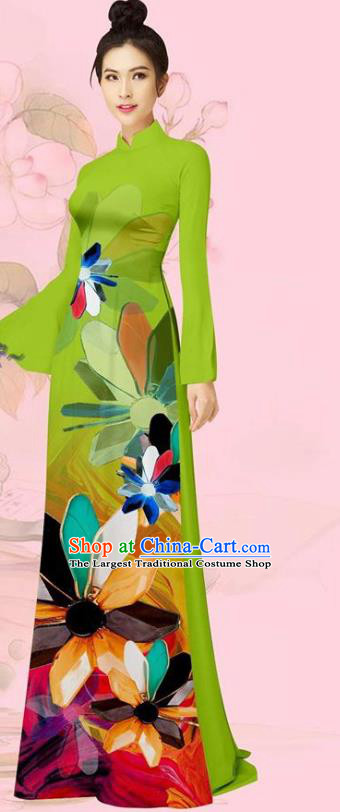 Green Vietnamese traditional Ao Dai long dress with 3D flower , including  pants