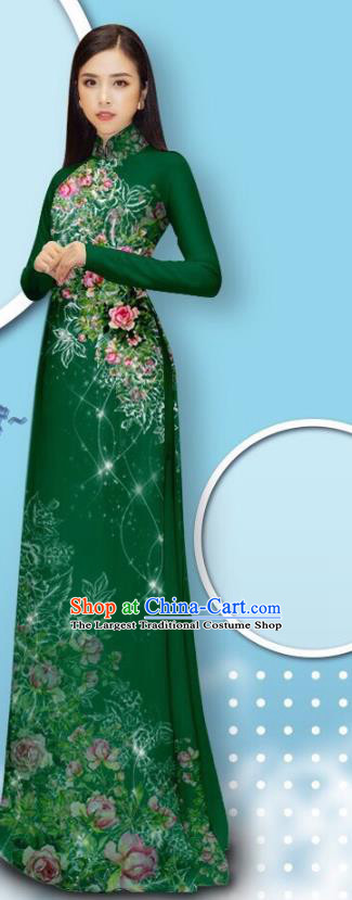 Vietnamese Deep Green Ao Dai Dress Custom Vietnam Uniforms Asian Traditional Cheongsam with Loose Pants Fashion Apparel