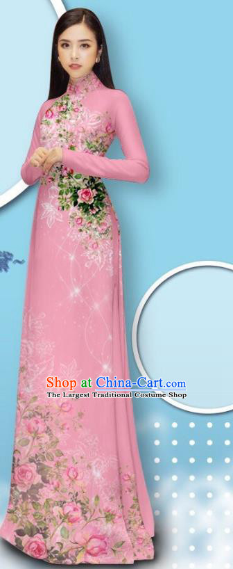 Traditional Vietnamese Cheongsam with Loose Pants Fashion Apparel Custom Vietnam Uniforms Asian Pink Ao Dai Dress