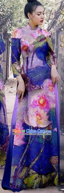 Violet Asian Vietnam Cheongsam with Loose Pants Traditional Garment Apparel Vietnamese Beauty Fashion Ao Dai Dress