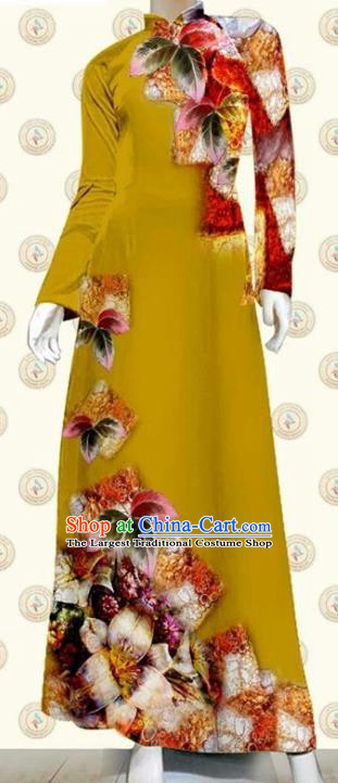 Vietnam Classical Cheongsam Khaki Qipao Dress with Pants Vietnamese Traditional Civilian Women Ao Dai Clothing Oriental Fashion