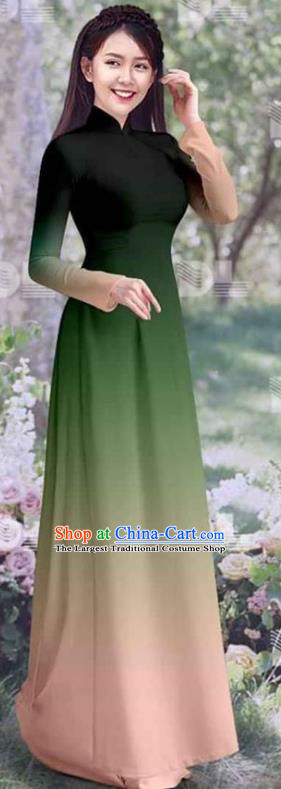 Classical Gradient Deep Green Cheongsam Vietnamese Qipao Dress with Pants Costumes Asian Vietnam Traditional Ao Dai Clothing