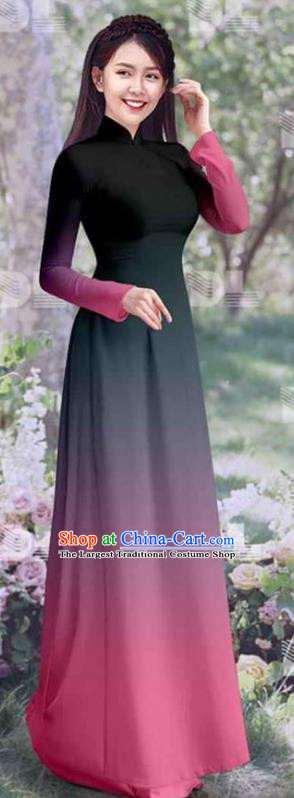 Women Classical Qipao Dress with Pants Vietnamese Costumes Asian Vietnam Traditional Ao Dai Clothing Gradient Rosy Cheongsam