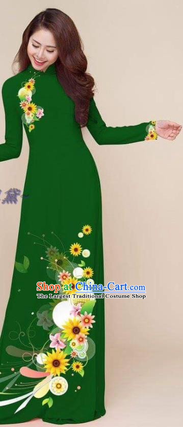 Traditional Vietnamese Costumes Asian Women Classical Printing Cheongsam Deep Green Qipao Dress with Pants Vietnam Ao Dai Clothing
