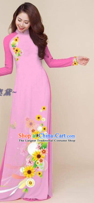 Traditional Classical Printing Pink Cheongsam with Pants Vietnam Ao Dai Clothing Vietnamese Dress Asian Women Magenta Qipao Costumes