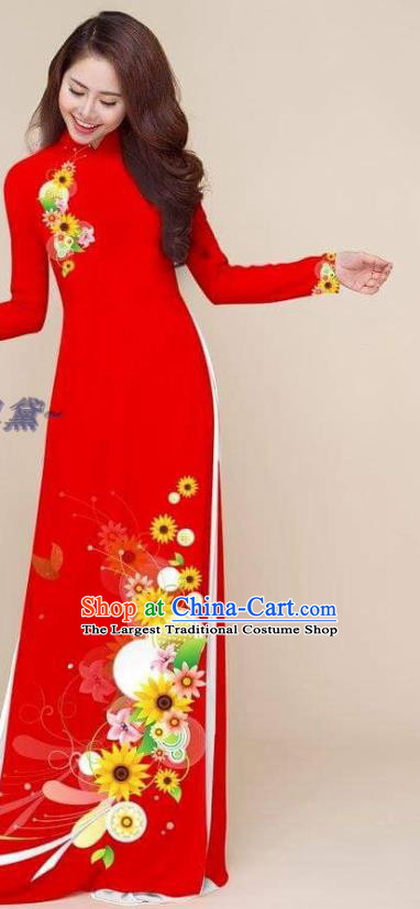 Classical Red Qipao Traditional Asian Costumes Vietnamese Dress Printing Cheongsam with Pants Vietnam Ao Dai Clothing