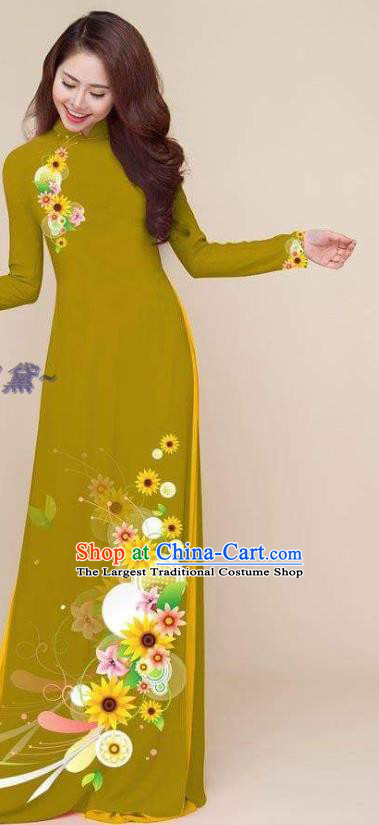 Traditional Classical Qipao Printing Cheongsam with Pants Vietnam Clothing Asian Costumes Vietnamese Olive Green Ao Dai Dress