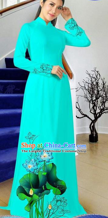 Asian Women Light Blue Qipao Clothing Vietnam Cheongsam with Pants Two Piece Set Vietnamese Ao Dai Dress Traditional Classical Costumes