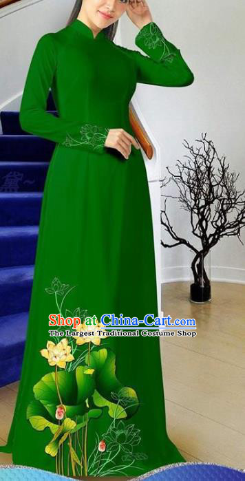 Vietnam Green Cheongsam Traditional Classical Costumes Asian Clothing Women Qipao with Pants Vietnamese Ao Dai Dress Two Piece Set