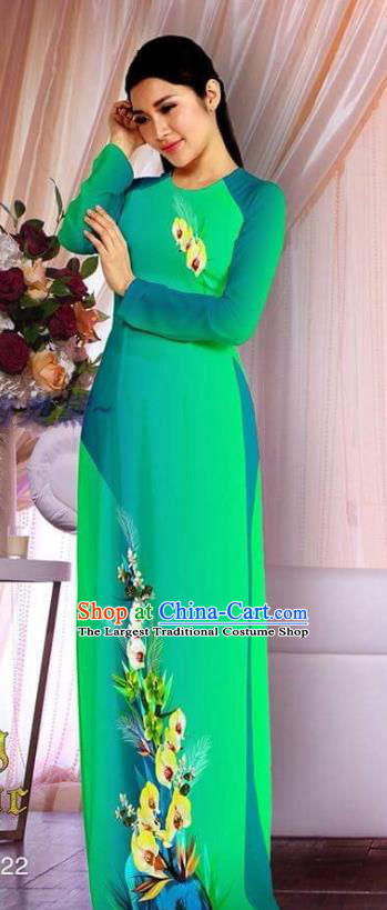 Vietnamese Traditional Ao Dai Dress with Pants Asian Clothing Classical Costumes Vietnam Cheongsam Women Printing Green Qipao