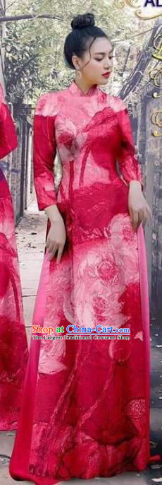 Magenta Ao Dai Dress Traditional Asian Vietnam Fashion Cheongsam with Loose Pants Apparel Vietnamese Female Garment